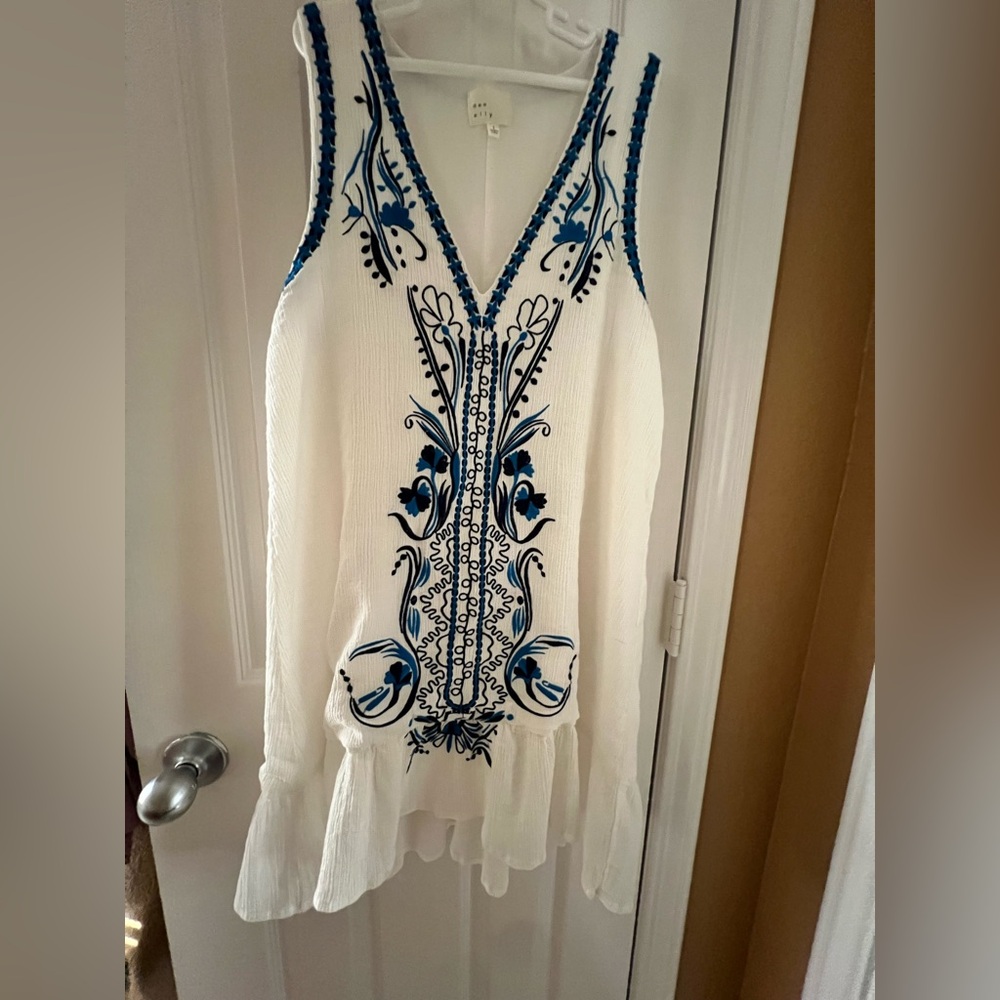 Dee elly white v neck boho mini dress with blue embroidery, size S